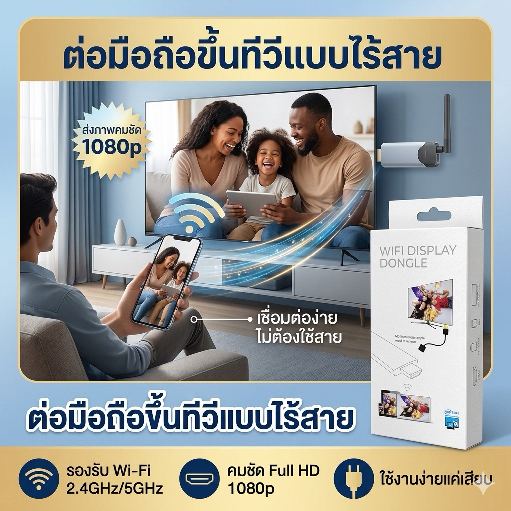 Wifi display ต่อมือถือขึ้นทีวีแบบไร้สาย ตัวต่อโทรศัพท์ขึ้นทีวีแบบไร้สาย ห่างทีวีได้20เมตร TV WIFI DISPLAY DONGLE