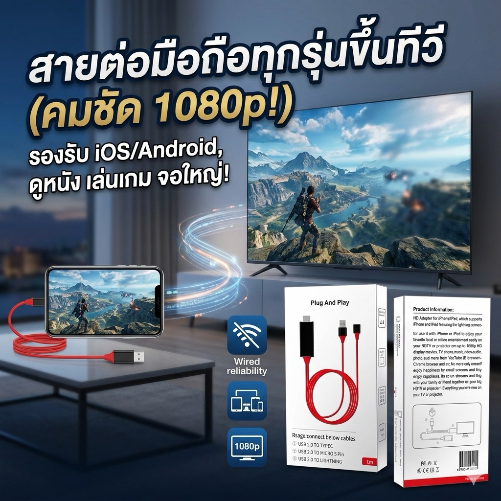 สายต่อมือถือเข้าทีวี 3in1 HDTV Ios/Android สายต่อโทรศัพท์ขึ้นทีวี TVแสดงภาพจากมือถือขึ้นหน้าจอทีวี ความชัด1080P
