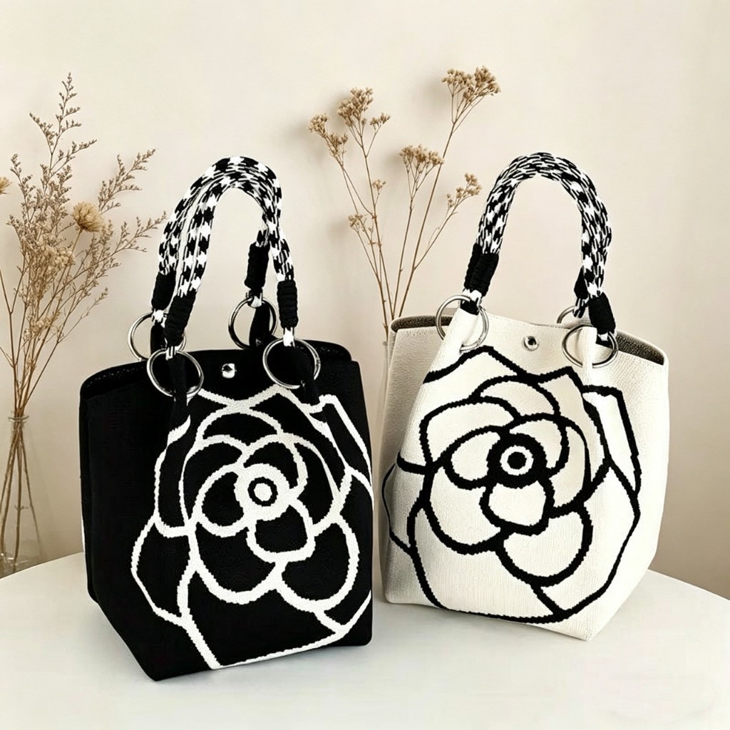 กระเป๋าถือถักลายดอกคามิเลียCamellia flower knitted handbag
