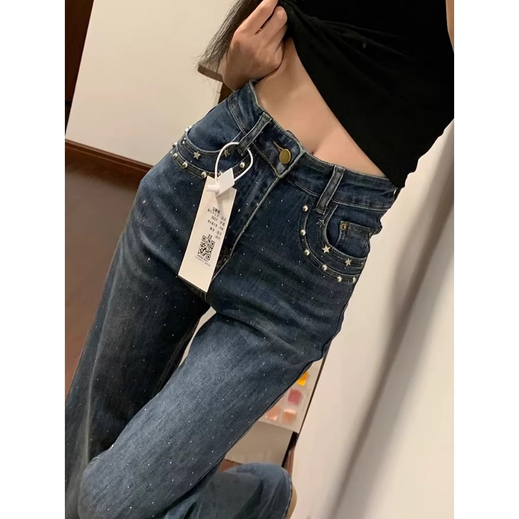 กางเกงยีนส์ผู้หญิง สไตล์เกาหลี สำหรับสูงเล็ก เอวสูง ประดับคริสตัลจัดดอกไม้ไฟ มียืดหยุ่น ทรงม้าบูตีคัท