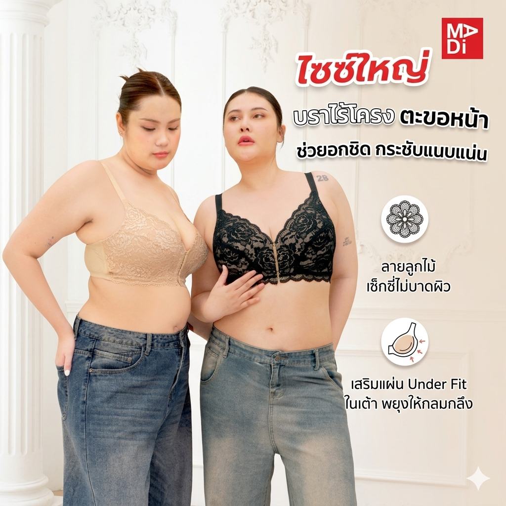 Sgarlet Plussize เสื้อในไร้โครง สาวอวบ ตะขอหน้า ใส่สบาย ลายลูกไม้ กระชับทรงสวย MB1523