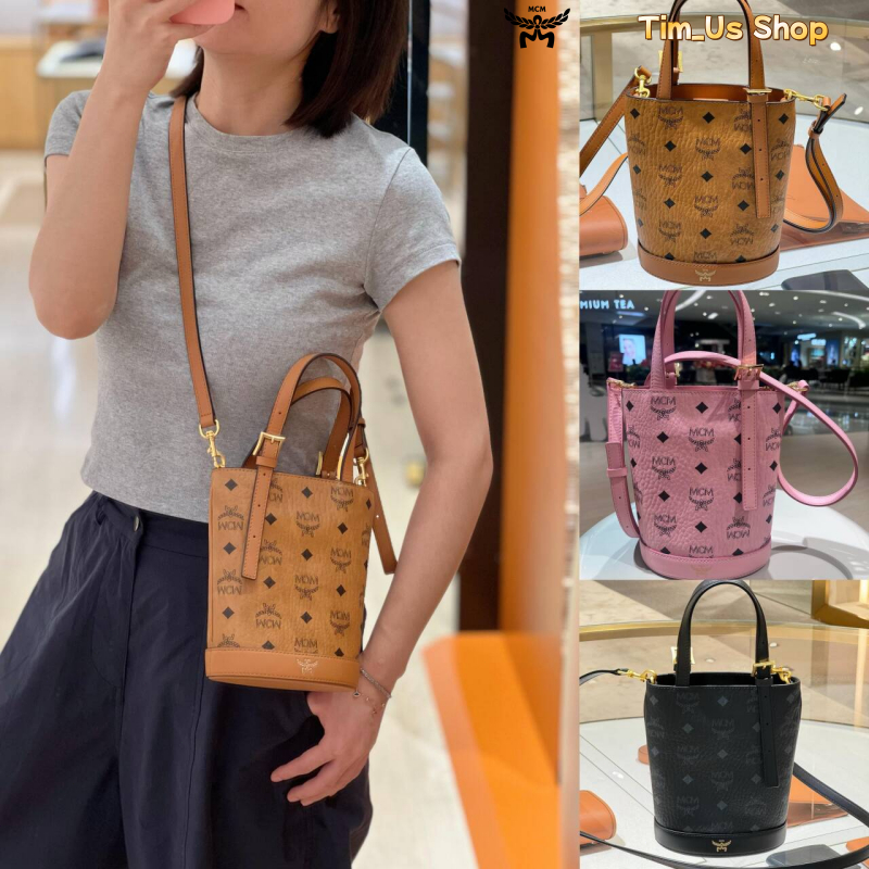 👜ของแท้ 100 %🔥 MCM New Aren In Visetos New bucket tote bagกระเป๋าสะพายข้างความจุมาก กระเป๋าทรงถัง