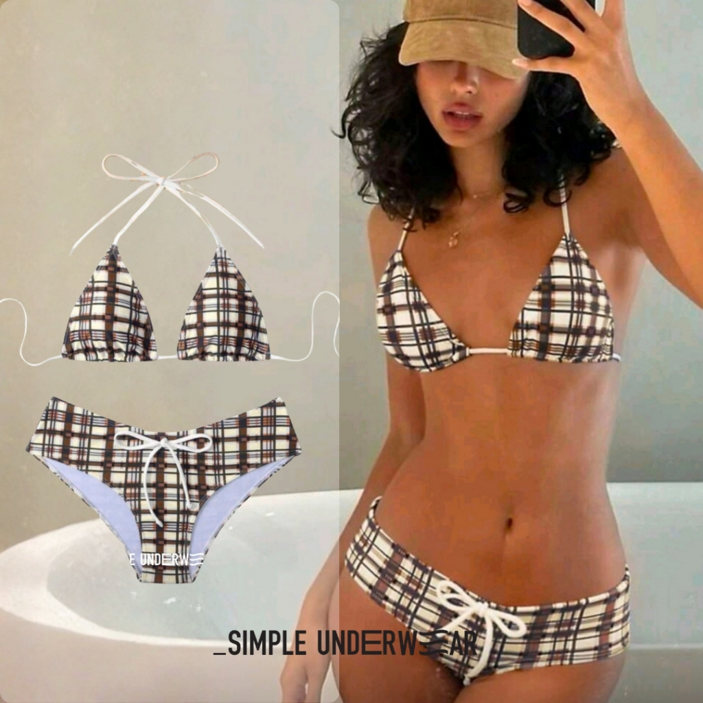 526 Simple Underwear bikini ชุดว่ายน้ำบิกินี่ ทูพีซลายสก็อตโทนสีละมุน ตัดด้วยโบว์สีขาวเพิ่มความคิวท์