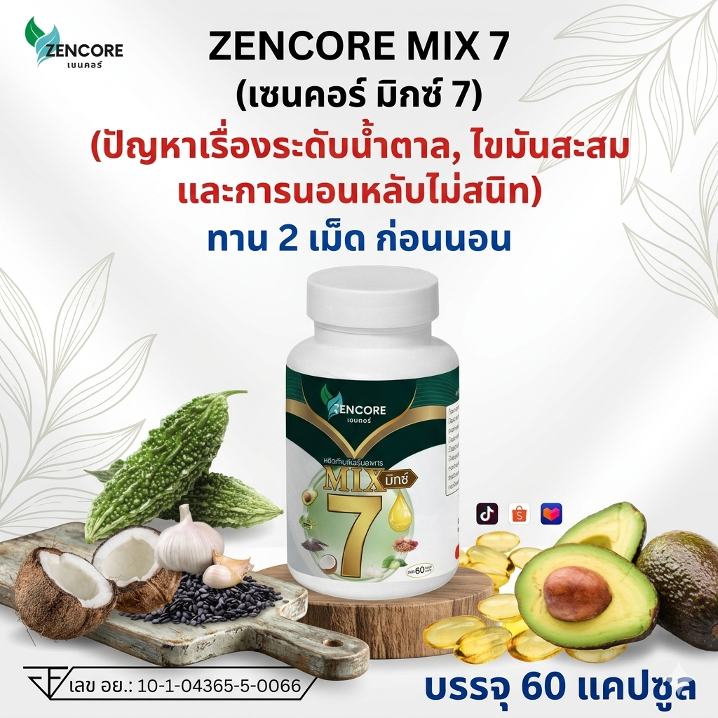 Zencore Mix7 เซนคอร์ มิกซ์ 7 น้ำมันสกัดเย็น 7 ชนิด Mix Oil 1ขวด 60เม็ด น้ำมันงา น้ำมันมะพร้าว