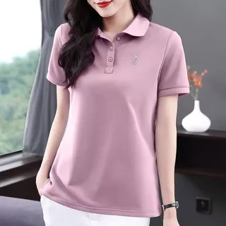 เสื้อยืดแขนสั้นผู้หญิง คอปกโปโล สไตล์ใหม่สำหรับฤดูร้อน ลำลอง ช่วยให้ดูผอมเพรียว เรียบง่าย ทันสมัย ​​และใช้งานได้หลากหลาย