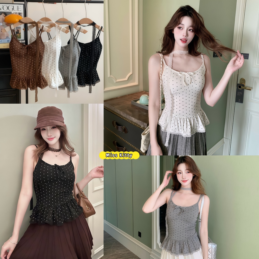 Miss Kitty เสื้อสายเดี่ยวลายจุดสำหรับผู้หญิง มีฟองน้ำ แบบรัดรูป แถมสายผูกคอ น่ารัก ผูกโบว์ ใส่แล้วดูผอม FY5554-0