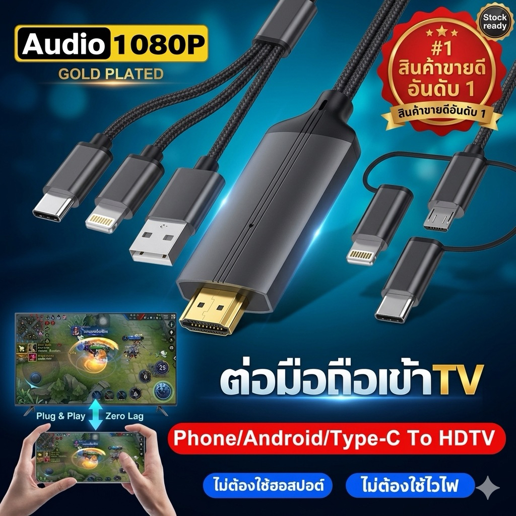 สายต่อโทรศัพท์เข้าทีวี 3in1 สายเคเบิ้ลเหมาะสำหรับ ios/android/type-C แชร์หน้าจอมือถือบนทีวี คอมพิวเตอร์ โปรเจคเตอร์