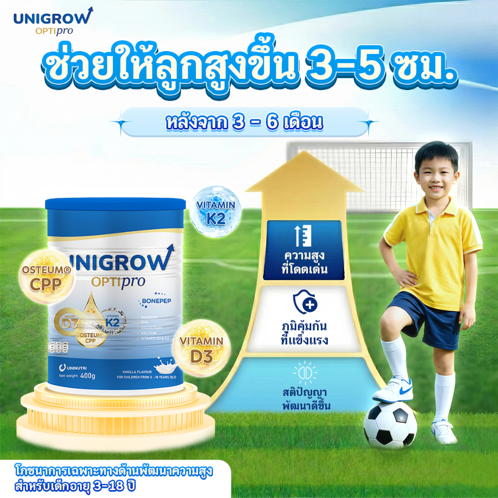 🇹🇭 [4 กระป๋อง]Unigrow Optipro สำหรับวัยรุ่น 10–18 ปี เสริมโภชนาการช่วงเร่งสูง สูงไว แข็งแรง พร้อม Bonepep D3K2 มัลต