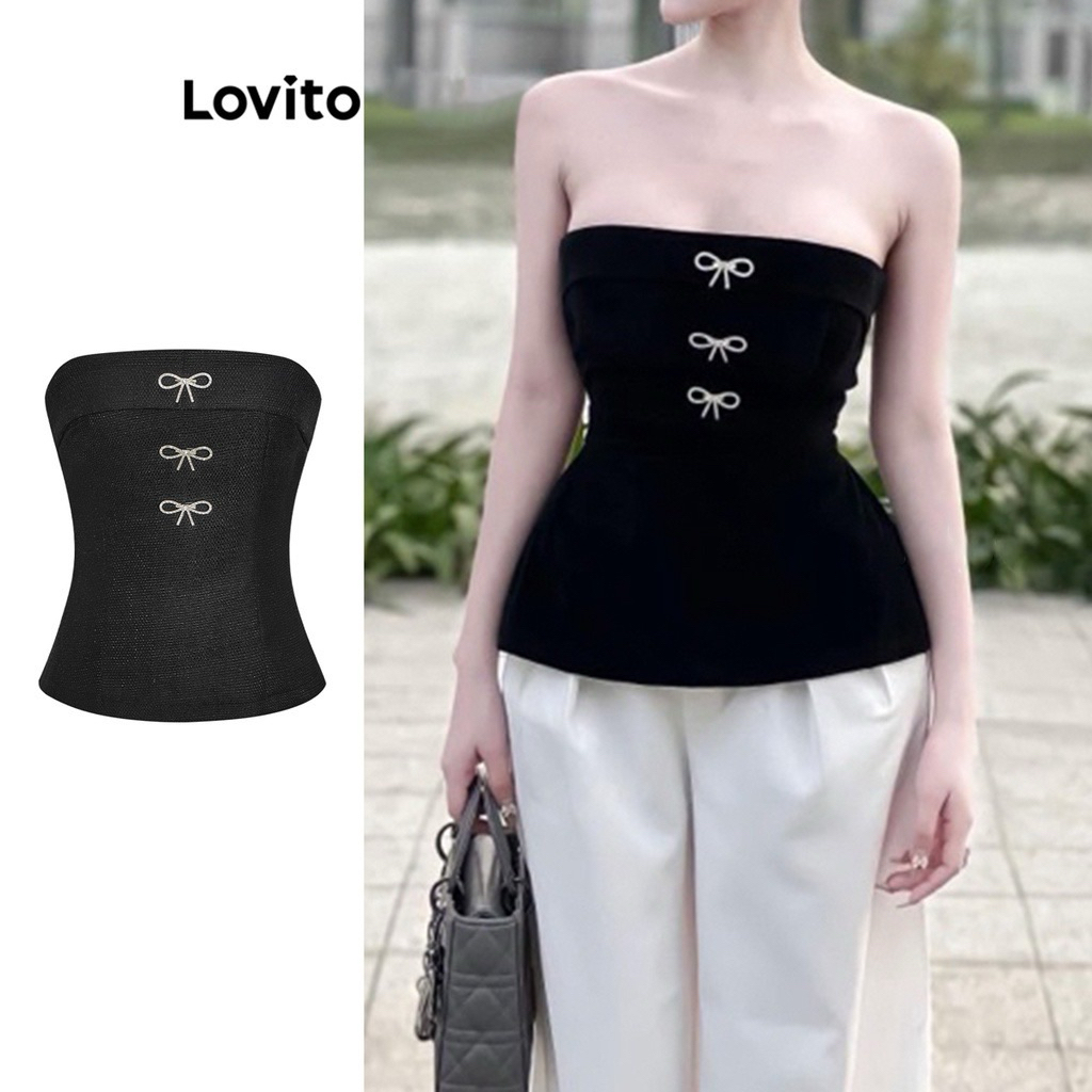 ป้าย Lovito เสื้อเกาะอกผู้หญิง สีดำ ไซต์ S