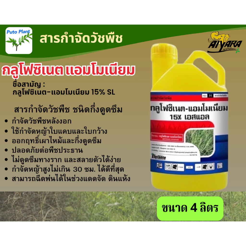 ไอยรากลูโฟซิเนต แอมโมเนียม 4 ลิตร สารกำจัดวัชพืชออกฤทธิ์เผาไหม้ และกึ่งดูดซึม กำจัดหญ้าใบแคบและใบกว้าง แบบไม่เลือกทำลาย