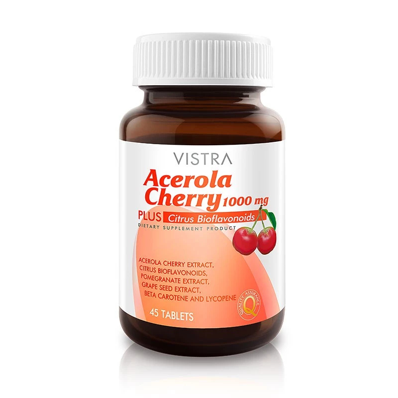 VISTRA Acerola Cherry 1000 mg. 45 Tablets วิสทร้า อะเซโรลา เชอร์รี่ 1000 มก. 45 เม็ด [1กระปุก / 2 กระปุก]