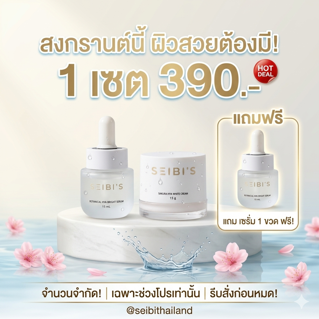 Seibi's เซต Hot Deal เซรั่ม Seibi's  ซื้อ ครีม และ เซรั่ม 1 เซต  รับฟรี  เซรั่ม 1 ขวด เซบิ ครีมซากุระ เซรั่มไฮยา