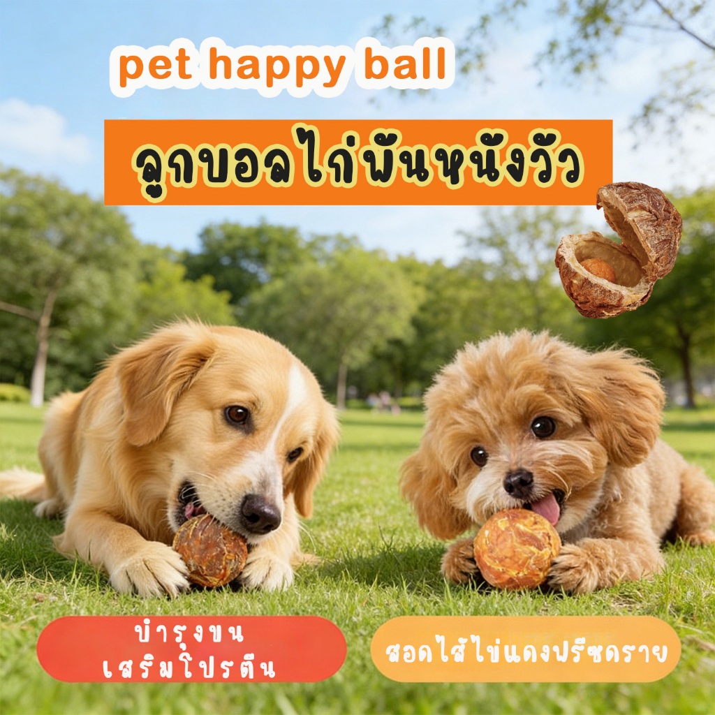 ขนมสุนัข ขนมทรงลูกบอล 3 ชั้น เนื้อไก่พันหนังวัวสอดไส้ไข่แดงฟรีซดราย บำรุงกล้ามเนื้อ บำรุงขน เสริมโปรตีน ขนมขัดฟัน ขนมหมา
