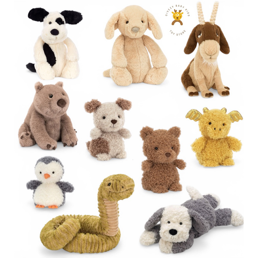 Jellycat Little, Snake, Black & Cream Puppy , Wonda Wombat, Glenny Goat, Tumblie Sheep Dog ตุ๊กตาเจล