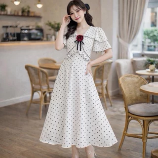 พร้อมส่ง🇹🇭[รหัสPD97] Polkadot Rose Dress ชุดเดรสผ้าชีฟองลายจุด +แถมเข็มกลัดดอกไม้ความยาว47นิ้ว