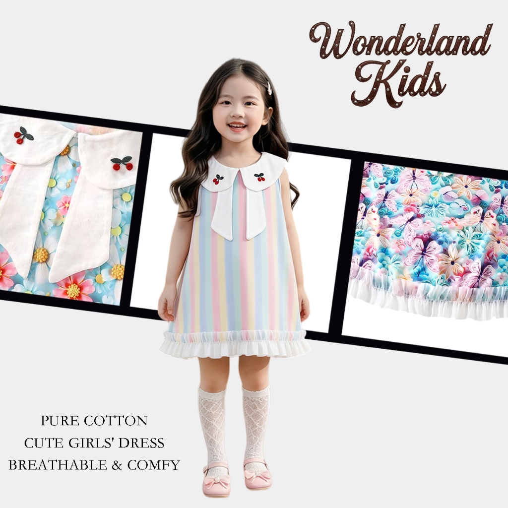 ฤดูร้อน  แขนกุด ชุดเดรสน่าสวยๆเหมาะสำหรับลูกสาว คอปกปักลายเชอร์รี่ ปาร์ตี้วันเกิด กระโปรง