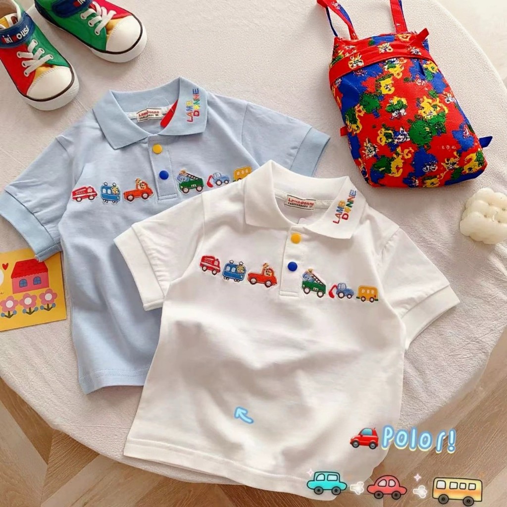 BB233 เสื้อโปโลเด็ก ปักลายรถ แขนสั้น ผ้านิ่ม ใส่สบาย เสื้อคอปกเด็กผู้ชาย