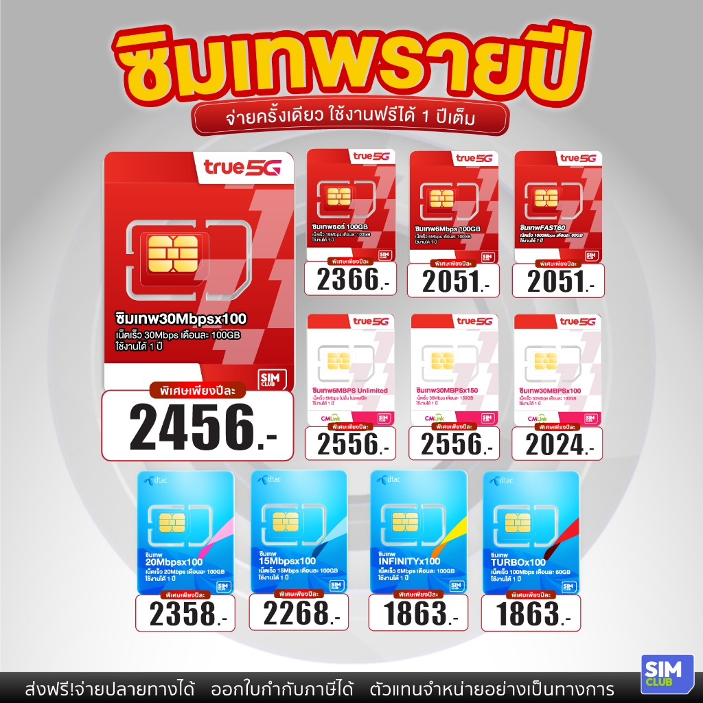 ซิมเทพทรู True ซิมรายปี เน็ตไม่อั้น ไม่ ลด สปีด ใช้งานได้ 12 เดือน Dtac โทรฟรีทุกค่าย ส่งฟรี  5G SimNet CMLink SimClub19