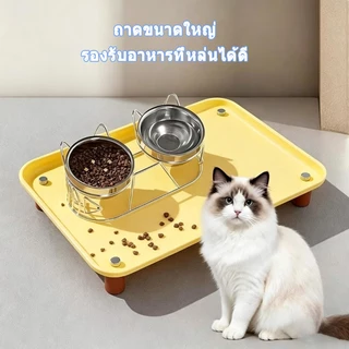 ชามอาหารสัตว์เลี้ยง จานอาหารสัตว์เลี้ยง การออกแบบสูงขึ้น ฐานไม้ ยกสูง สำหรับแมวและสุนัข ชามอาหารคู่ ปรับมุมเอียงได้