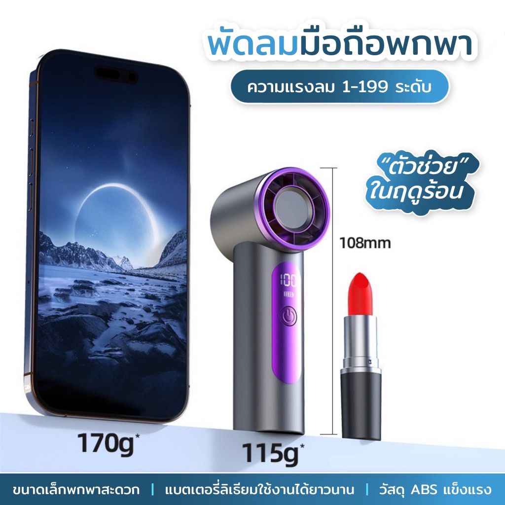 พัดลมมือถือขนาดเล็ก พกพาสะดวก แบตเตอรี่ใช้งานได้นาน ลมพัดแรงไกล จอแสดงLED