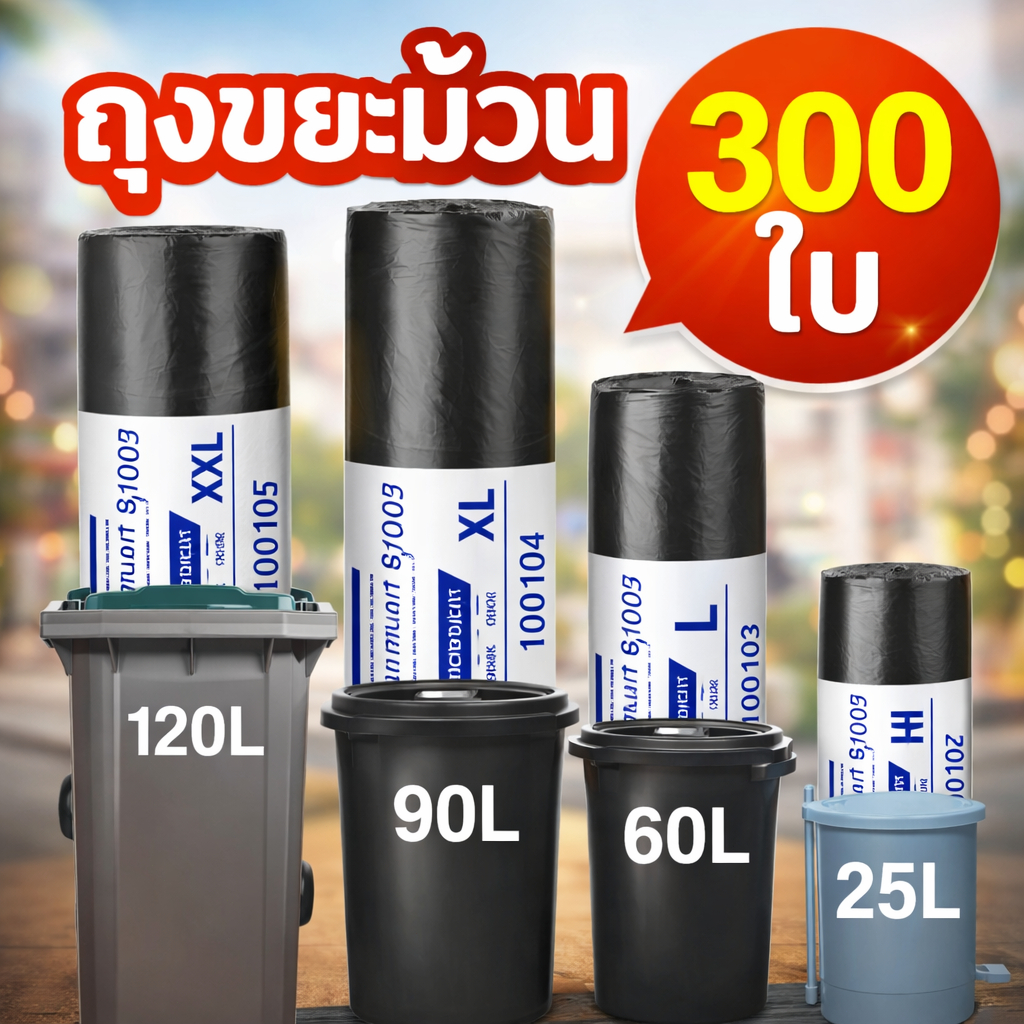 ถุงขยะดำ คุ้มที่สุด 300PCS เเบบม้วน เหนียว ไม่มีกลิ่น ทนทานรับน้ำหนักได้ดี หลายขนาด สำหรับทุกถังขยะ