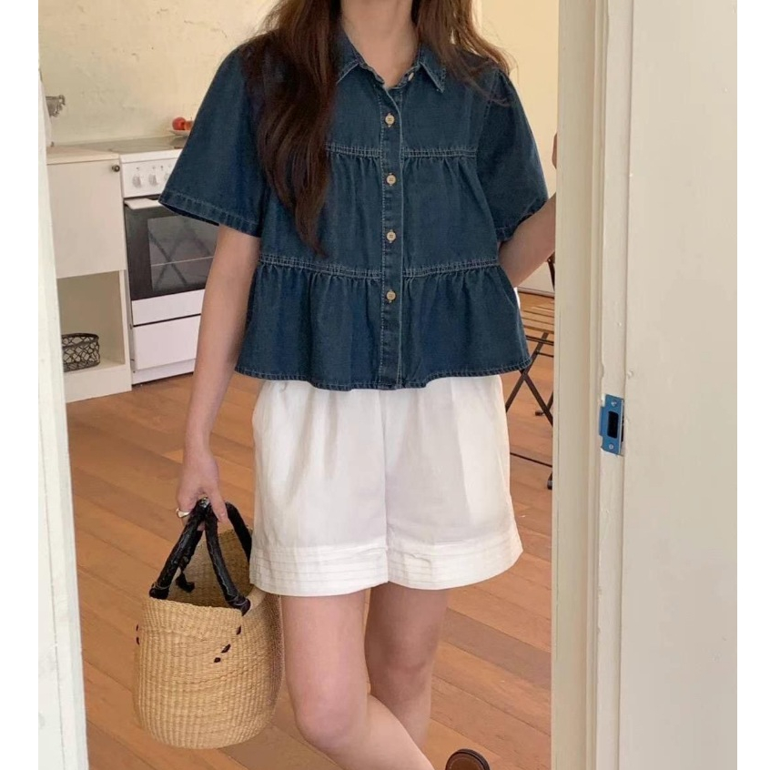 Fairy.store Aurora Top เสื้อยีนส์แขนสั้นทรงระบาย TS2120