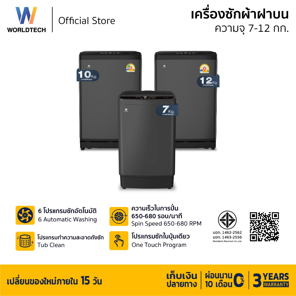 Worldtech เครื่องซักผ้าฝาบน รุ่น MB100 เครื่องซักผ้า ฝาหน้า 7-12 กก.