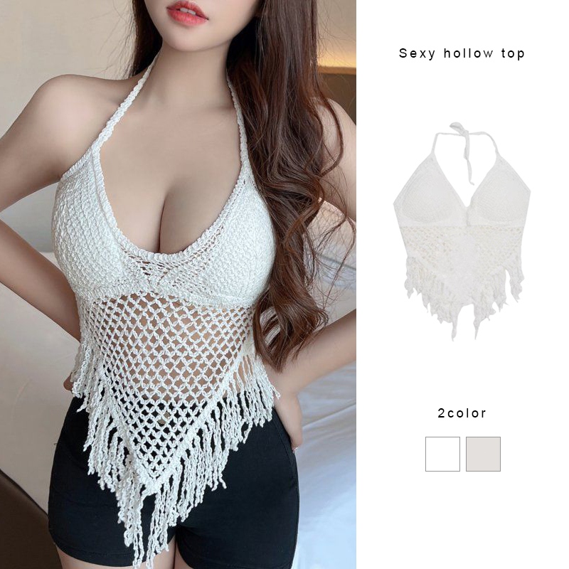 เซ็กซี่ Hollow-OUT TOP ผู้หญิงทอพู่แขวนคอ Camisole สาวเผ็ดเสื้อแขนกุด-MTY