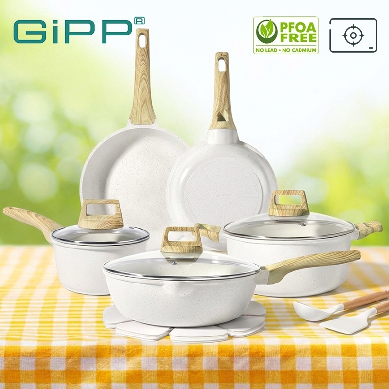 GIPP ชุดเครื่องครัวเซรามิค 14ชิ้น กระทะผัด หม้อซุป กระทะก้นลึก PFAS& PTFE& PFOA ฟรีเหมาะสําหรับเตาทั้งหมด (แก๊ส, ไฟฟ้า)