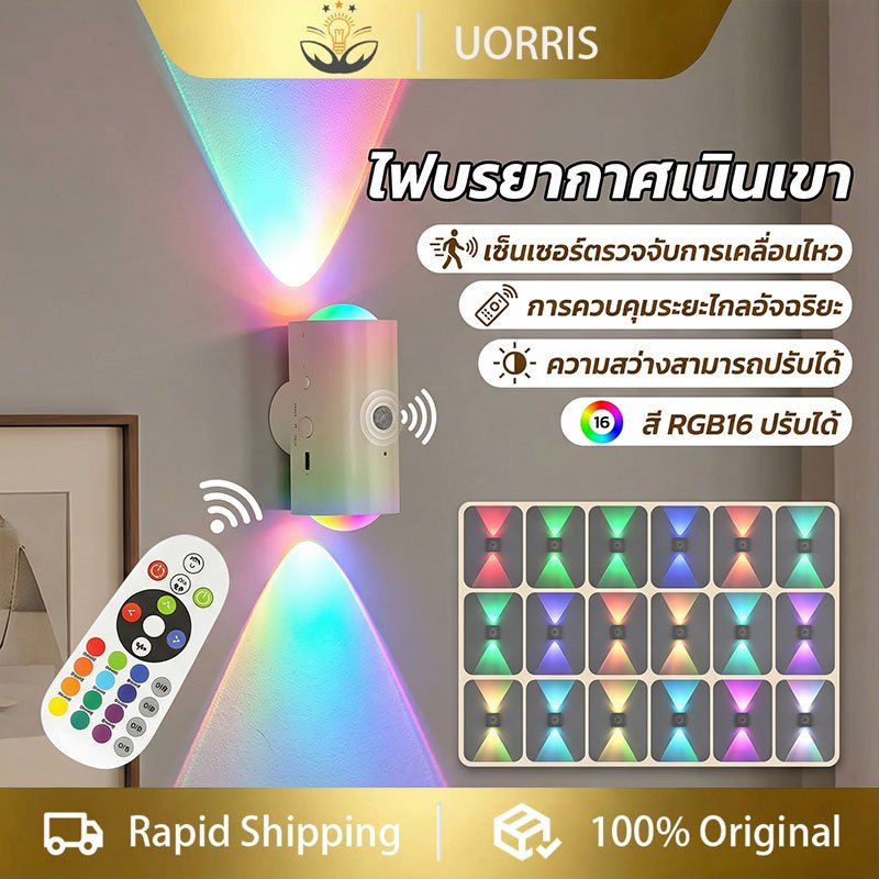 UORRIS 16 สี ไฟกลางคืน LED แบบชาร์จไฟได้พร้อม Motion Sensor โคมไฟติดผนัง ไฟเซ็นเซอร์ ไฟติดห้องนอน 3 โหมดแสงในร่ม