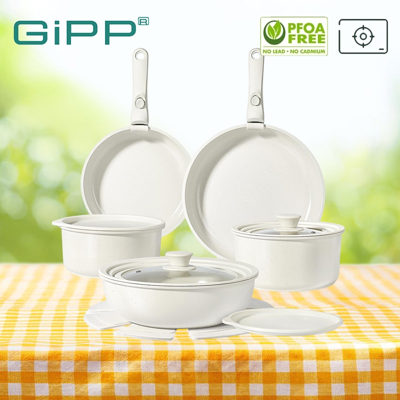 GIPP ชุดหม้อกระทะถอดด้ามจับได้ 15ชิ้น NonStick ชุดเครื่องครัว เซรามิก&หินแกรนิต ชุดกระทะ ปลอดสารพิษ เหมาะกับเตาทุกประเภท