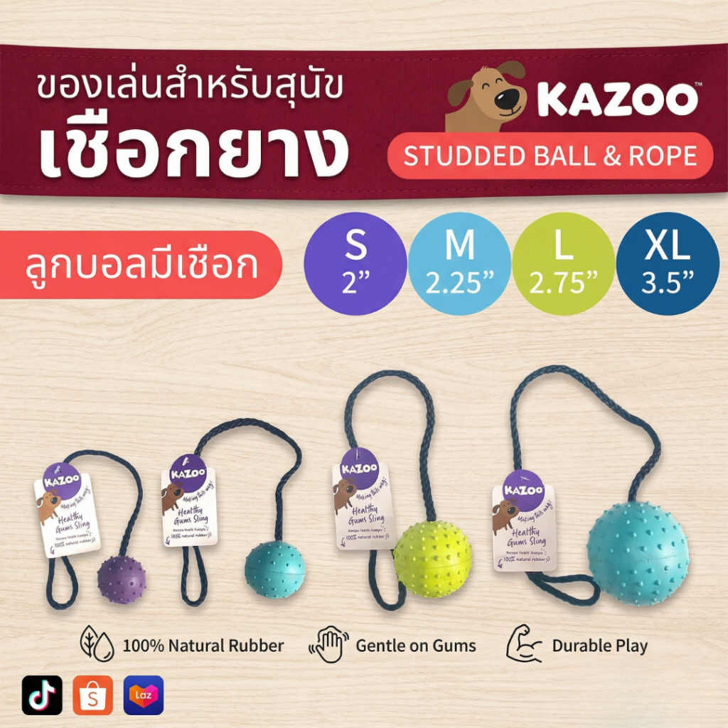 ของเล่นยางพาราแท้ สำหรับสุนัข Kazoo Studded ball + Rope ของเล่นแบบ ลูกบอลมีเชือก Rubber