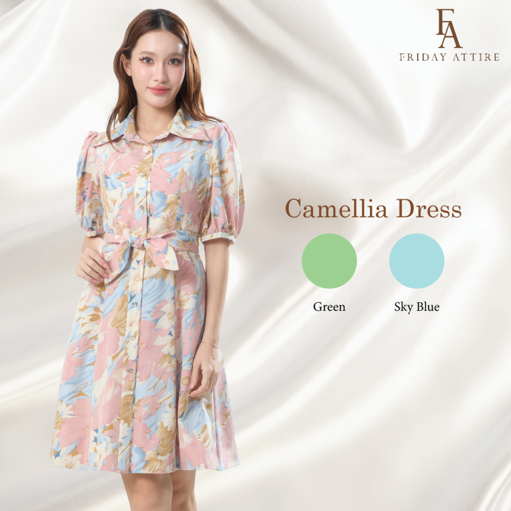 Friday Attire เดรสคอปกเชิ้ตแขนพองผูกโบว์เอว (Camellia Dress) (FD-024)