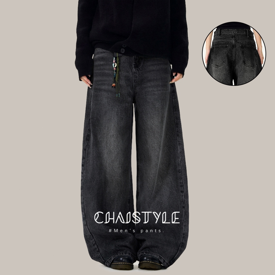 Chaistyle แฟชั่นกางเกงยีนส์ผู้ชาย ทรงหลวม ใส่สบาย สไตล์เป็นกลาง เหมาะสำหรับผู้ชายและผู้หญิงสวมใส่ พักผ่อน
