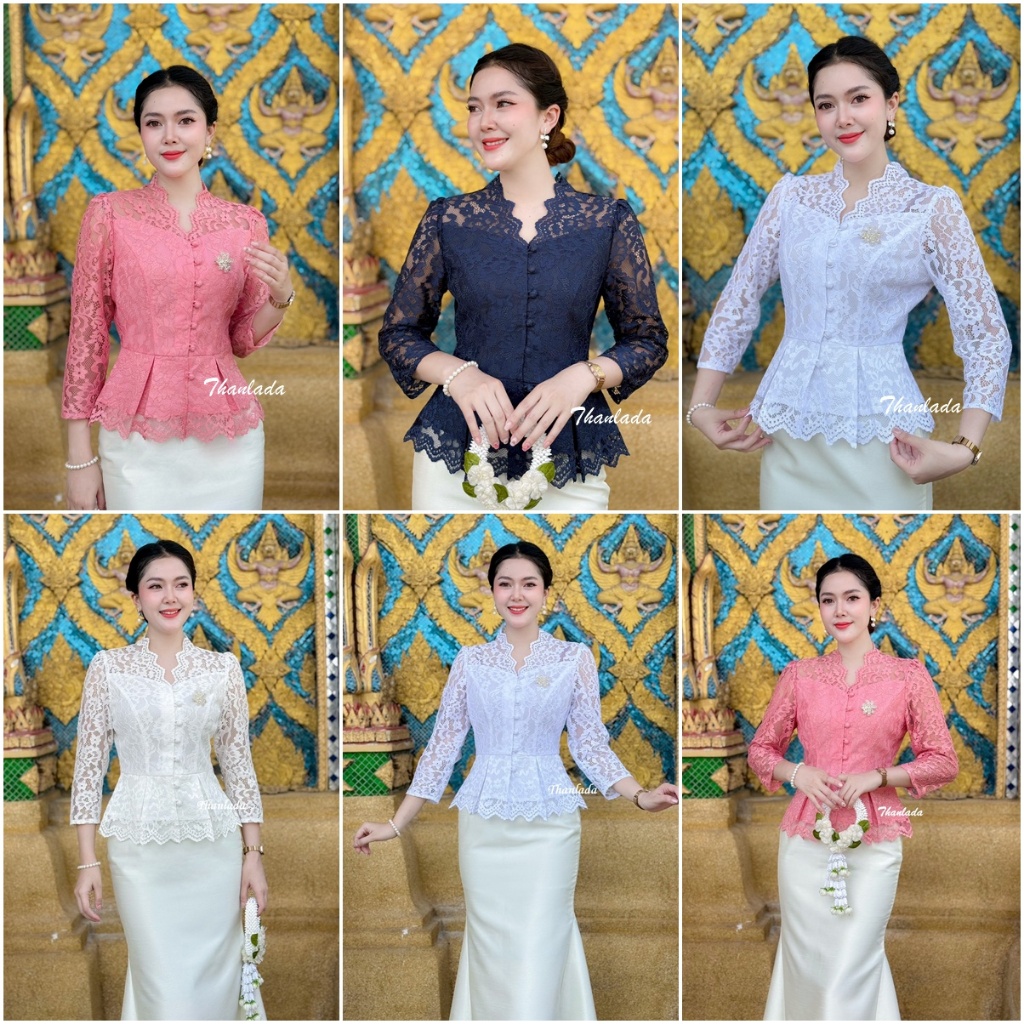 เสื้อรุ่น-Lily (TLD) ผ้าลูกไม้อัดกาวทั้งตัว กระดุมหน้าแกะได้  ดีไซน์ทันสมัยใส่ได้บ่อยไม่ตกเทรน