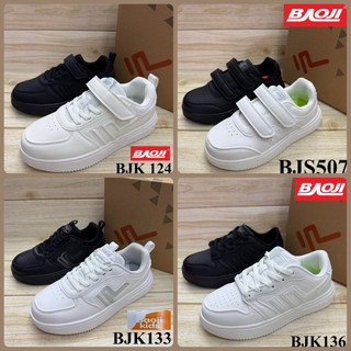 Baoji BJK 124 / 133 / 136 / BJS 507 รองเท้าผ้าใบเด็ก แบบหนัง  (33-37)  ดำ/ ขาว
