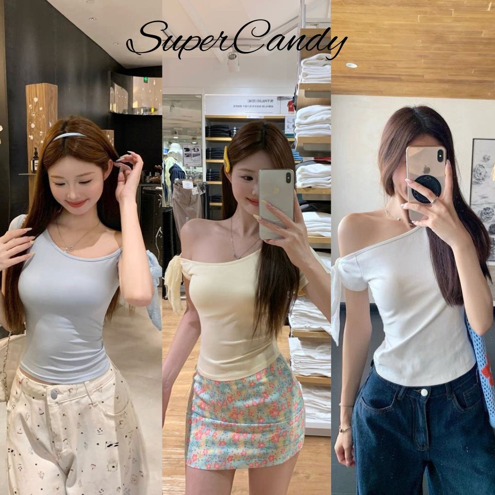 SuperCandy🌷เสื้อยืดแขนสั้นเปิดไหล่ผ้าลูกไม้สีโดปามีนสำหรับผู้หญิง ดีไซน์ฤดูร้อน ช่วยให้ดูผอมเพรียว มีโบว์ผูกด้านหน้า