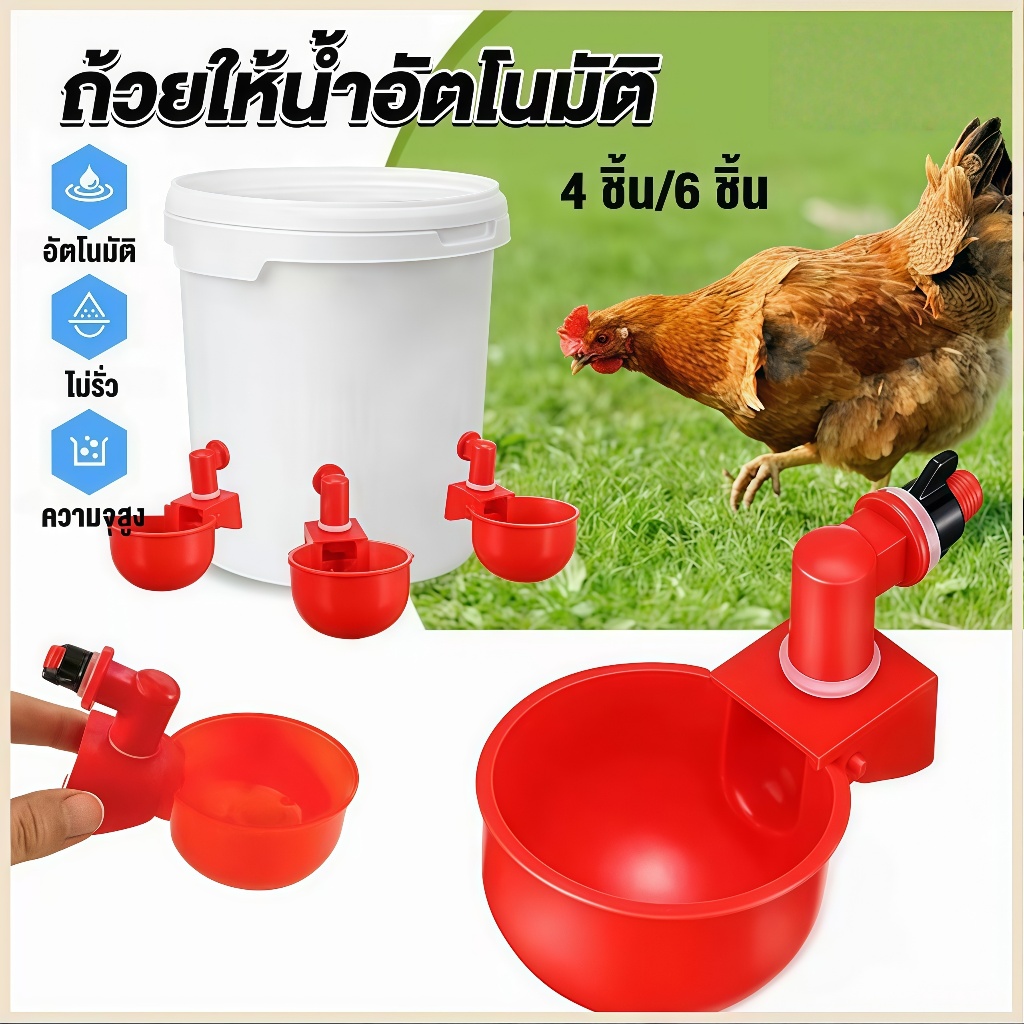 COD ถ้วยให้น้ำอัตโนมัติ ถ้วยน้ำไก่ สีแดง ใช้กับท่อ 9mm น้ำเต็มออกเอง ถ้วยน้ำนก ถ้วยน้ำไก่ชน
