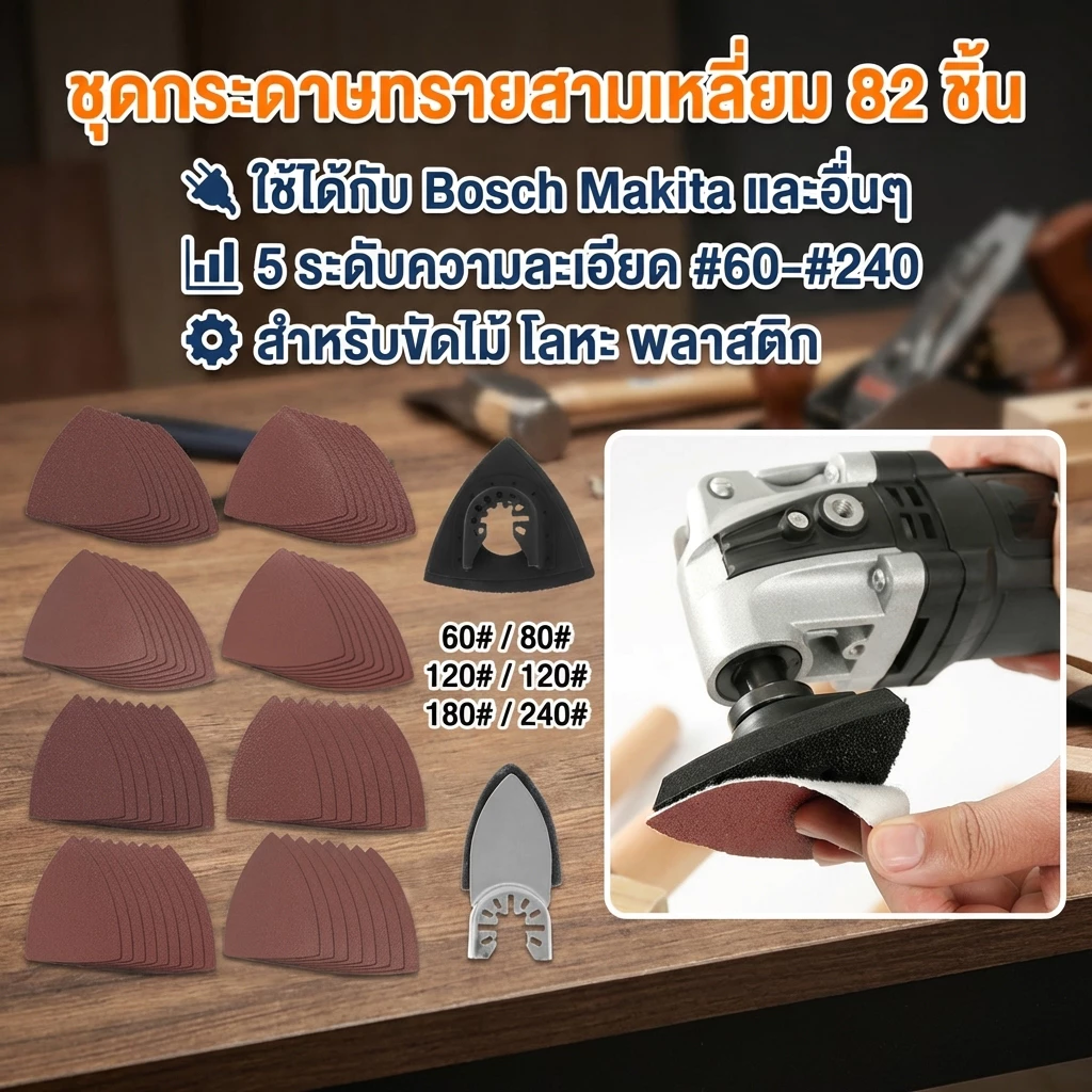 82 ชิ้น 60/80/120/180/240 กรวดแผ่นทรายสามเหลี่ยมนิ้วสั่นเครื่องมือกระดาษทรายสําหรับไม้พลาสติกโลหะ