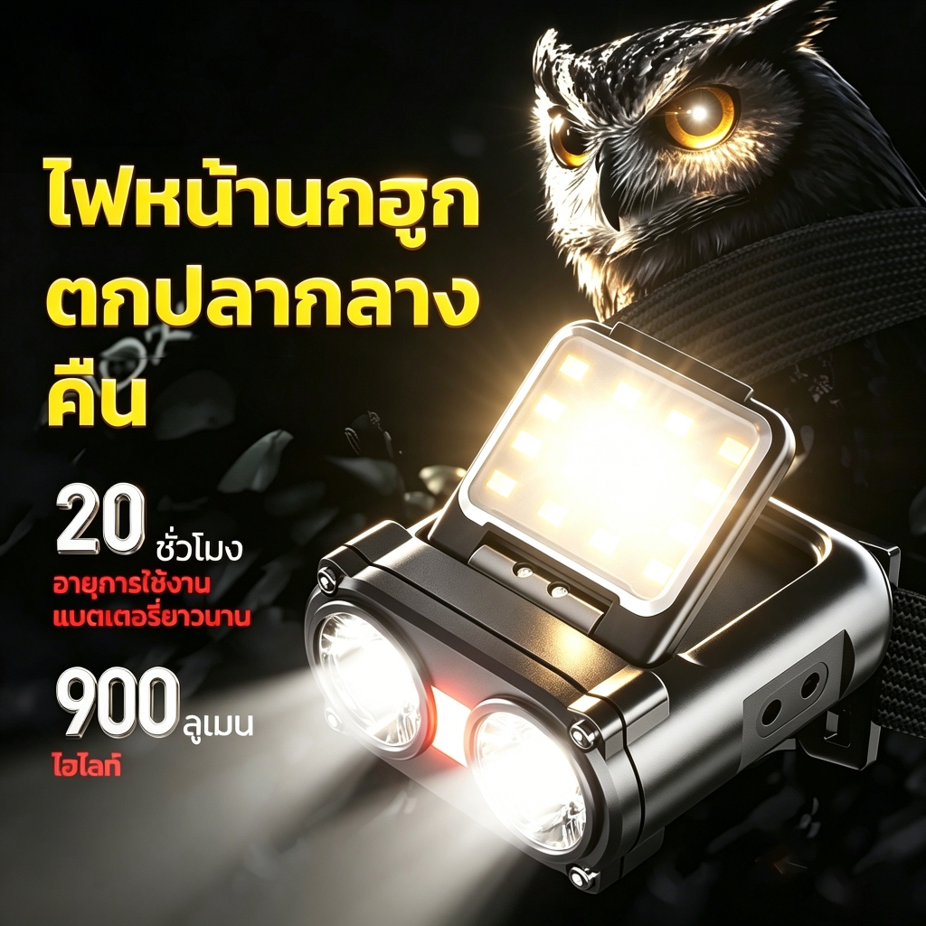 โคมคาดหัว LED มินิ 2หัวไฟ 6โหมด เซนเซอร์ แสงขาวแดง ชาร์จ Type-C จอดิจิตอล กันน้ำ IPX5 ตกปลาแคมป์