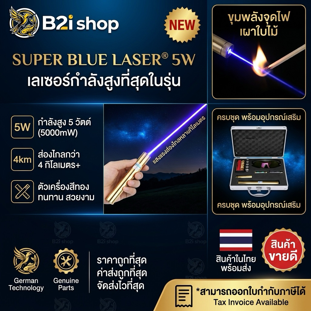 SUPER BLUE LASER® 5W เลเซอร์ แสงแรงที่สุดในรุ่น เลเซอร์ไล่นกความแรงสูง 5000mW ส่องไกลถึง4km ไล่นก จุ