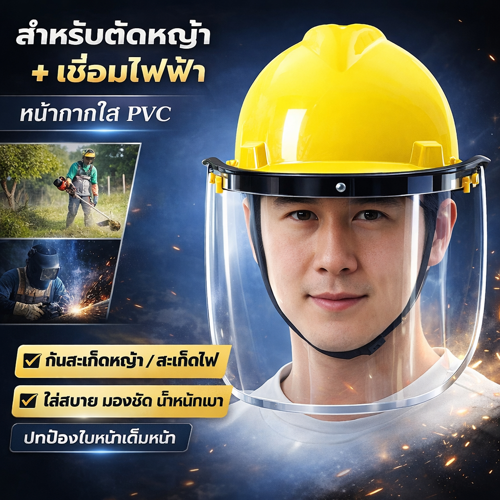 หมวกนิรภัยพร้อมหน้ากากใส PVC สำหรับตัดหญ้าและงานเชื่อม ป้องกันสะเก็ด กันเศษหิน กระบังหน้าเต็มหน้า