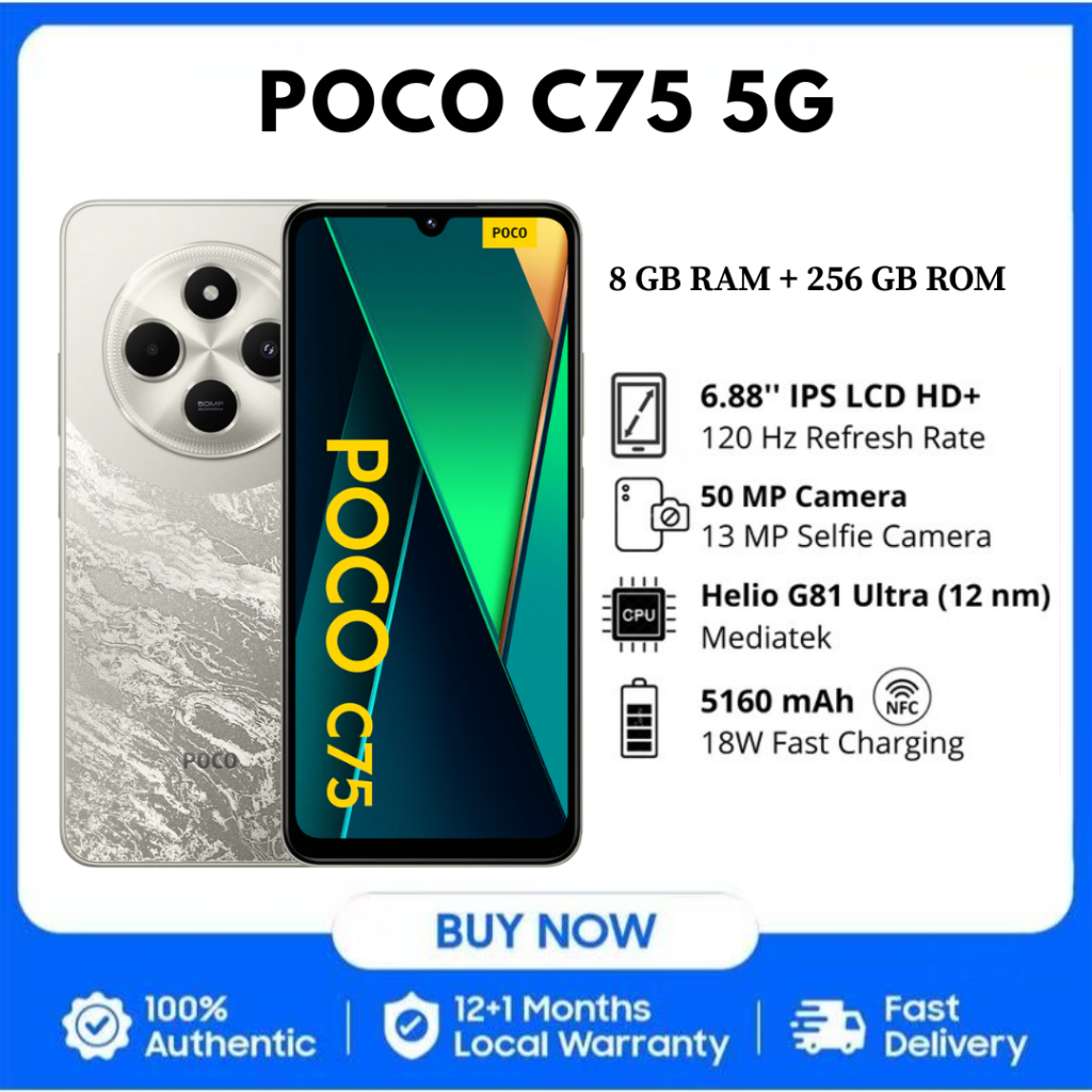 POCO C75 โทรศัพท์ใหม่ 8GB+256GB หน้าจอ 6.88" แบตเตอรี่ 5160mAh อุปกรณ์แท้มีรับประกัน 1 ปี