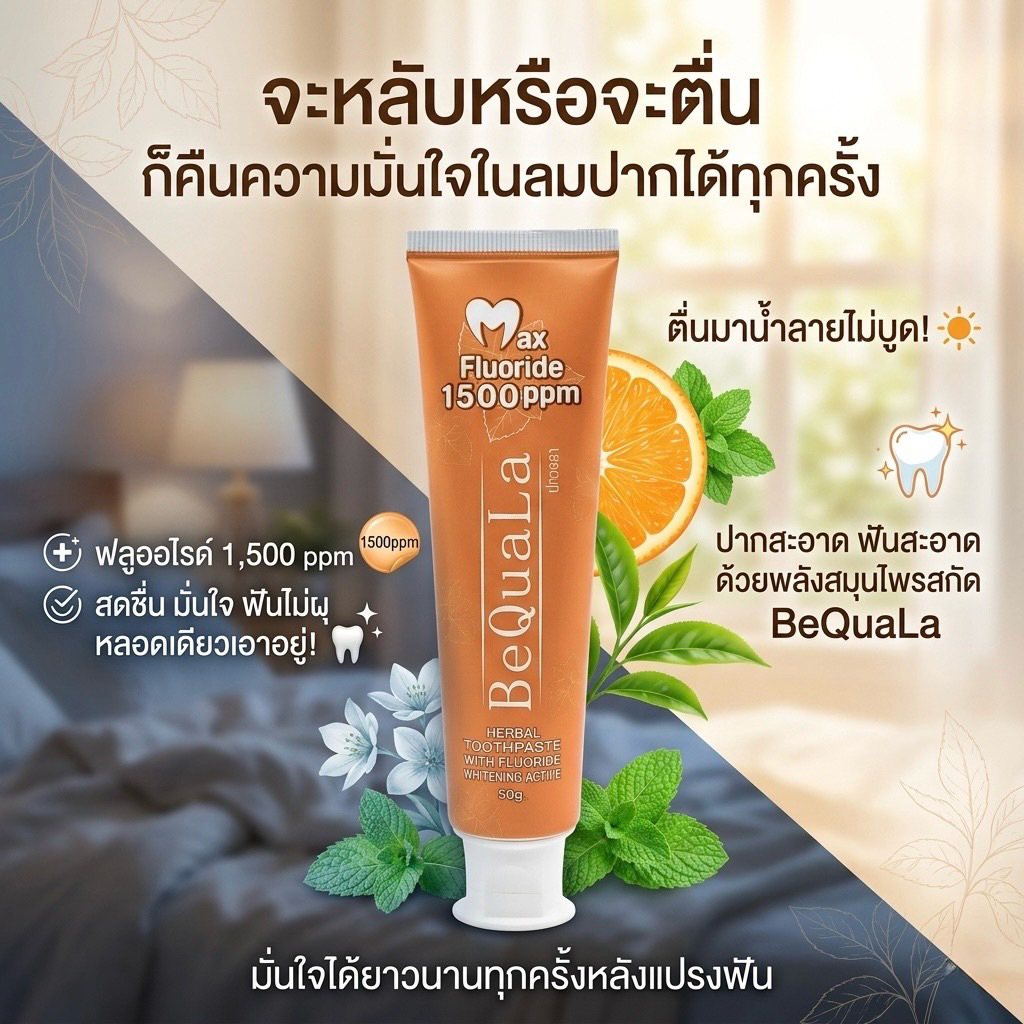 New!! ยาสีฟัน บีควอล่า ฟลูออไรท์ 1,500ppmลดกลิ่นปากระหว่างวันได้ดีเยี่ยม ป้องกันฟันผุ ฟันขาวสะอาด