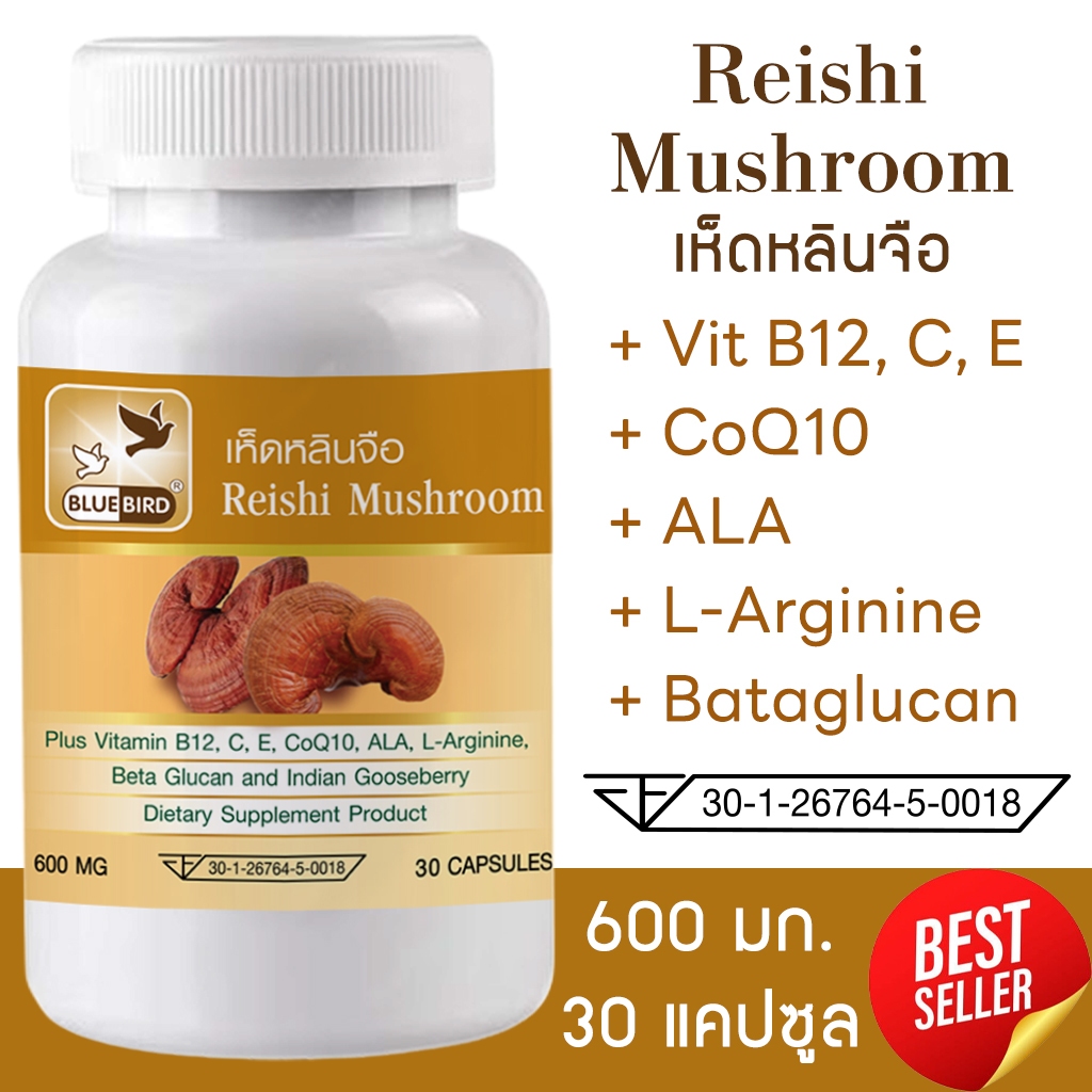 (ขายส่ง) เห็ดหลินจือ Reishi Mushroom ตรา บลูเบิร์ด ขนาด 600 มิลลิกรัม 30 แคปซูล