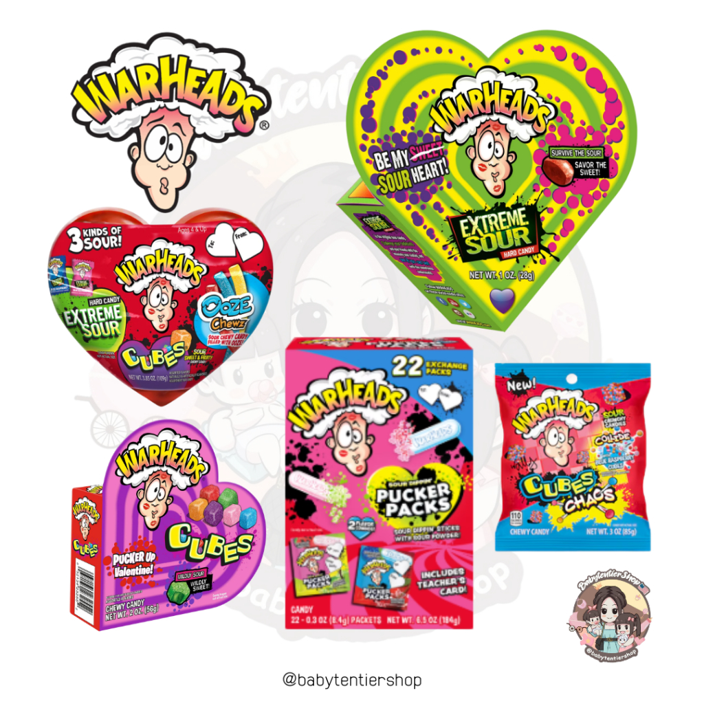 พร้อมส่ง🛵 ลูกอมเคี้ยวหนึบ Warheads Sour Cubes Valentine's Candy Heart Box , Pucker , Cubes chacs