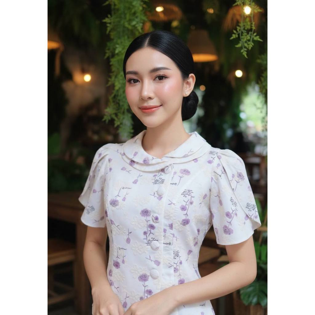 เสื้อลูกไม้คอตตอนคอปกลายดอกไม้แขนสั้น (ต07)