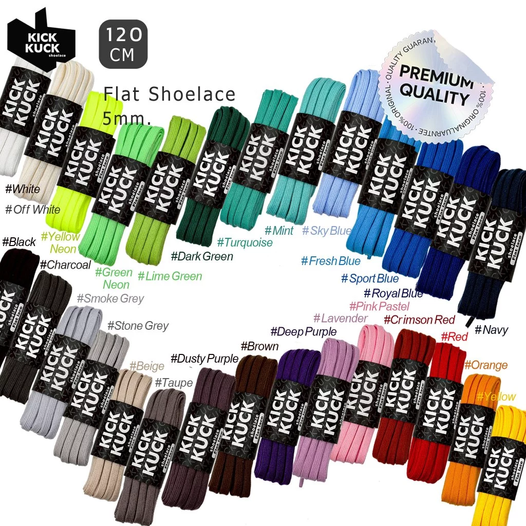 (แน่น2ชั้น เล็กเฉียบ5mm. 28เฉดสี ) เชือกรองเท้า (KICKKUCK) สำหรับรองเท้าวิ่งและกีฬา ทรงแบน FLAT LACE 120cm.มาตรฐานส่งออก
