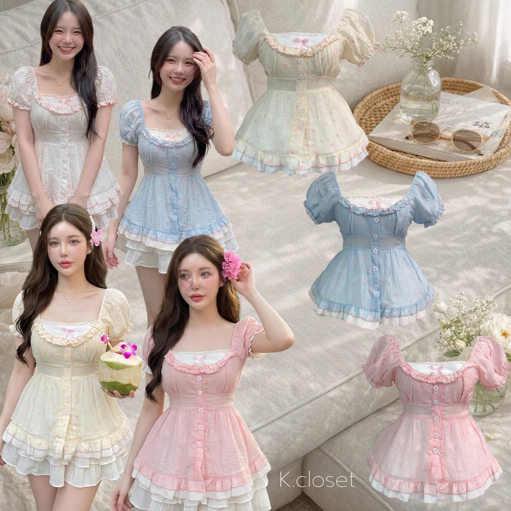 (อก30-42) เสื้อแขนตุ๊กตาสไตล์เกาหลี แต่งระบายลูกไม้และโบว์หวานทรงตุ๊กตา สาวอวบใส่ได้ อกได้ถึง 42 นิ้ว(เสื้ออย่างเดียว)