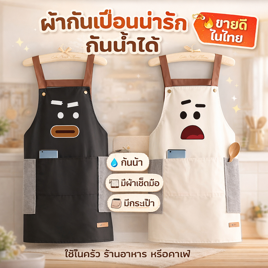 ผ้ากันเปื้อนน่ารัก กันน้ำ มีผ้าเช็ดมือ มีกระเป๋า ใส่สบาย ใช้ในครัว ร้านอาหาร คาเฟ่